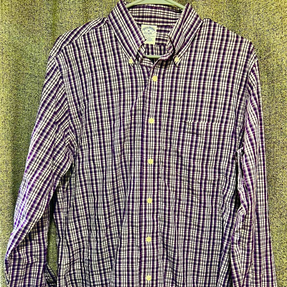 Brooks Brothers Mens Non-Iron Medium Purple Plaid Long Sleeve Shirt 100% Supima